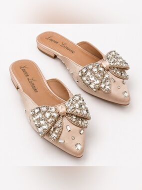 Lauren Lorraine Blush Crystal Bow Pointed Mules